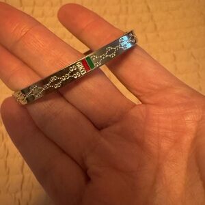 Monogram Silver-Tone Bangle Bracelet with Green and Red